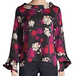 Vince Camuto Moody Floral Long-Sleeve Top Small Tulip Red